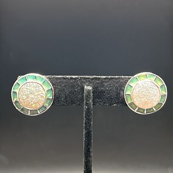 925 UTC Sterling Silver Druzy Stone Enamel Border Button Earrings - Picture 5 of 7